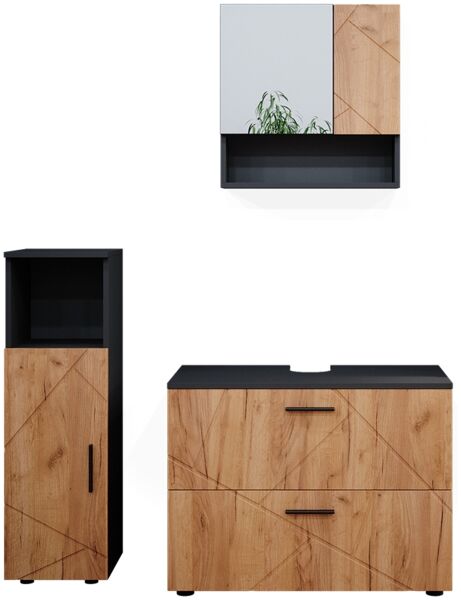 Badmöbel-Set Irma Goldkraft Eiche/Anthrazit 3 Teile, mit Midischrank Vicco