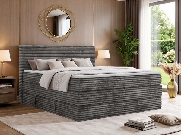 Boxspringbett TILION KING, Doppelbett 140 x 200 cm mit Stauraum & 7-Zonen Multipocket Matratze, inkl. Topper T25 - H3, Cord-Stoff Grau