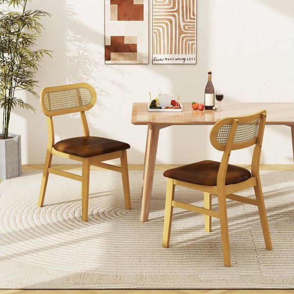 COSTWAY Esszimmerstuhl (2er Set), gepolstert, mit Rattan-Rückenlehne, Holz