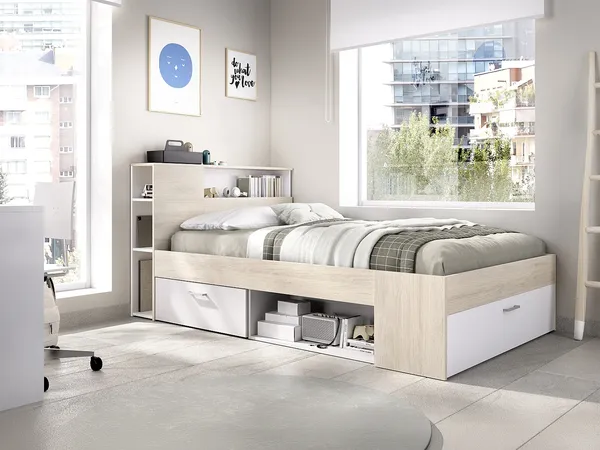 Vente-unique - LEANDRE Bett Holz, Platte BeigeWeiß - B 129,5 cm x H 95 cm x L 218,5 cm