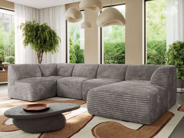 Modulares XXL-Ecksofa MODARO 5M, U-Form, Wohnlandschaft, 5-teilig, freistehend, Wohnzimmer Couch, HR-Schaumstoff - Hellbraun Cord - Rechts