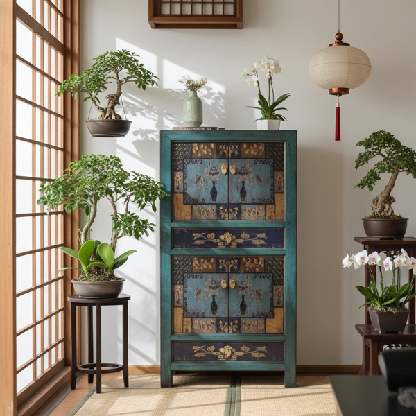 Chinesischer Vintage Schrank Blau Beige Braun Kommode Sideboard Kolonial-Stil Antik-Stil Lowboard asiatisch orientalisch Fernost shabby-chic Landhaus