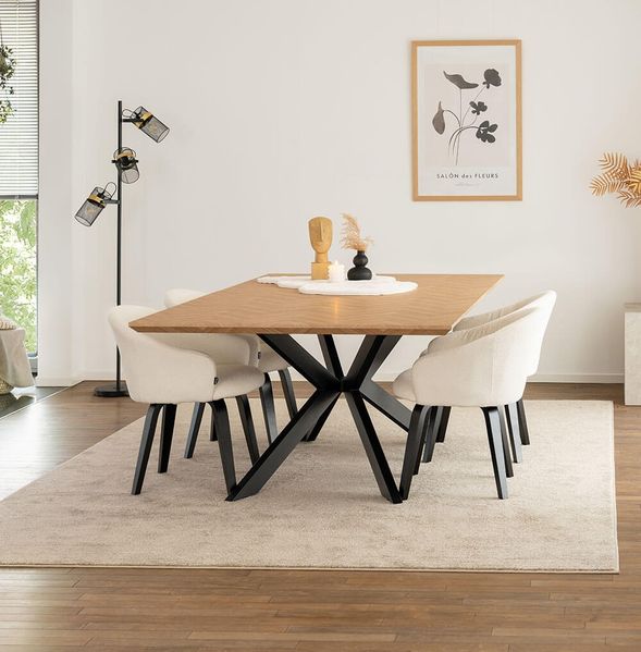 HOME DELUXE Essgruppe Eckig AVENCIA inkl. Sternfuß - 200 x 120 cm Fishbone Oak 4 Stühle Bouclé Weiß