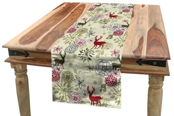 Abakuhaus Tischläufer Esszimmer Küche Rechteckiger Dekorativer Tischläufer, Winter Deer Blumen Weihnachten