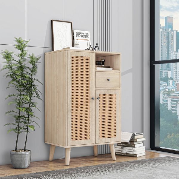 Sideboard Kommode mit Rattanfront, Holzoptik, 2 Türen & 1 Schublade, Stauraumschrank für Wohnzimmer Küche Flur