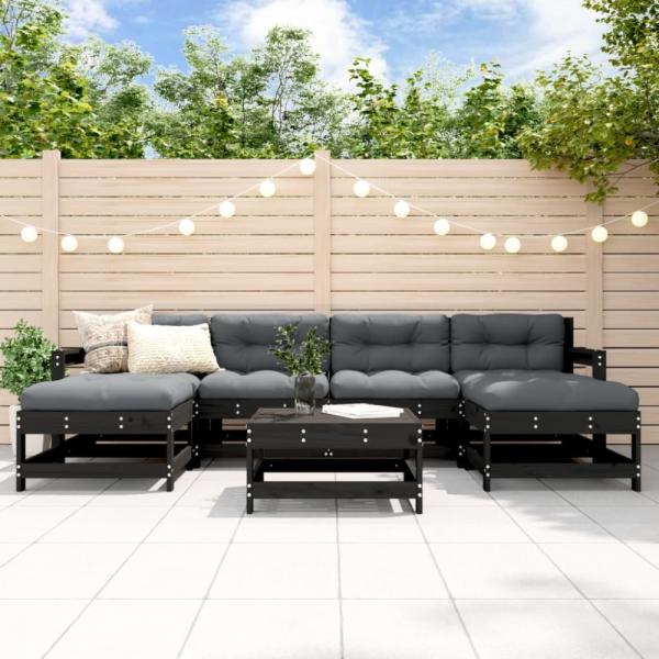 vidaXL 7-tlg. Garten-Lounge-Set mit Kissen Schwarz Massivholz 3185945