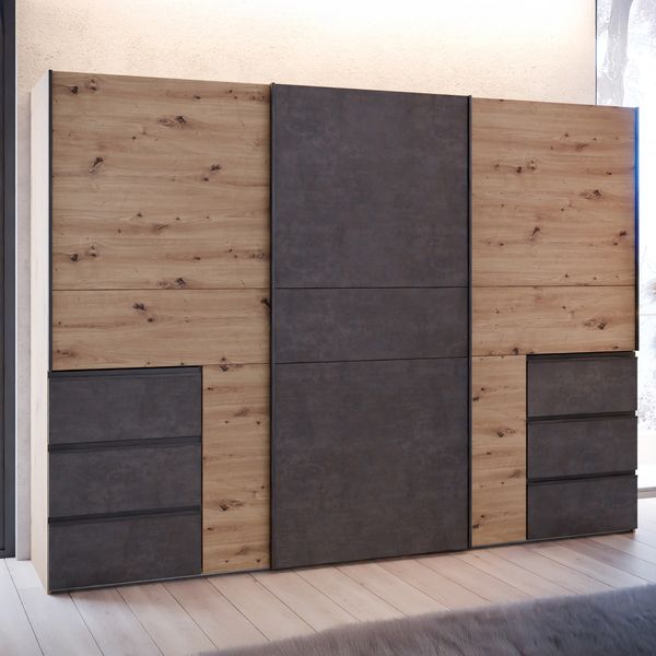 Forte WINN 2 Kleiderschrank 270, moderner Kleiderschrank mit 3 Schwebetüren und 6 Schubladen, Holzwerkstoff, Artisan Eiche Holzdekor |Betonoptik, 269,7 cm breit x 200,5 cm hoch x 61 cm tief