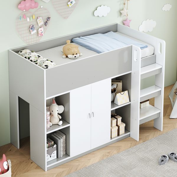 Hochbett 90x200 cm mit Leiter, Schrank und Regalen,platzsparendes Kinderbett aus Holz,Grau,modernes Design