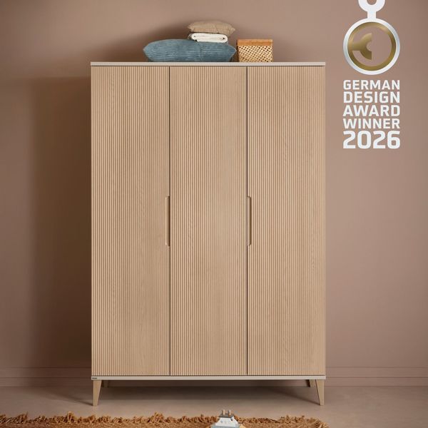 PAIDI Kleiderschrank JONTE in Beige & Eichefarben mit gerillten Türen, verschiedene Größen (B/H/T ca. 95-141/164-207/40-56cm, mit 2 oder 3 Türen + Tiny-Variante) stabiler Drehtürenschrank mit Massivholz-Füßen, Soft-Close-Funktion