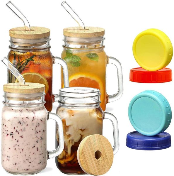 XL cocktailgläser mit Henkel und Deckel Set mit Glasstrohalme 500ml 4er Set