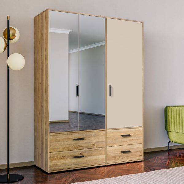 Forte MOKKARO Kleiderschrank 140 150, moderner Drehtürenschrank, 3-türig, 4 Schubladen, Spiegel, Mauvella Eiche Holzdekor|Kaschmir Beige, 144,4 cm breit x 200,1 cm hoch x 52,7 cm tief