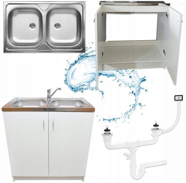STAMAR Spülenschrank Küchenschrank 80cm Weiß Komplett Set Spüle 2 Kammer Dreharmatur Chrom Standschrank Edelstahl Spülbecken Schwenkbare Armatur Siphon Set XXL