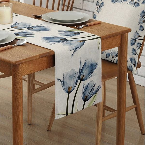 FELIXLEO Tischläufer Tischläufer Blaue Blume 33x180cm Waschbare Leinen Tischdecke Floral (1-tlg)