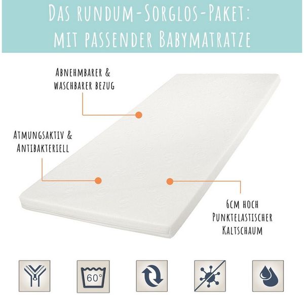 Kids Collective Babybett Kinderbett Gitterbett 70x140 höhenverstellbar & herausnehmbare Sprossen, mit Schublade und Matratze | Buchenholz Natur sehr stabil Made in Europe Bild 3
