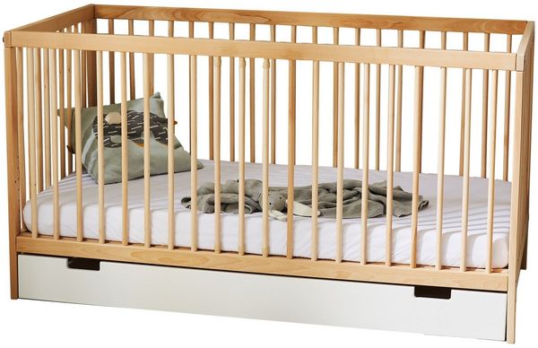 Kids Collective Babybett Kinderbett Gitterbett 70x140 höhenverstellbar & herausnehmbare Sprossen, mit Schublade und Matratze | Buchenholz Natur sehr stabil Made in Europe Bild 2