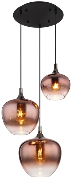 Hängeleuchte, 3-Flammig, Glas kupfer, schwarz, H 120 cm