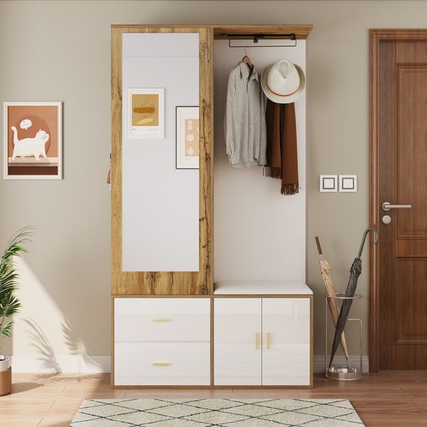 Edles Garderobenset in Weiß- und Holzfarben mit Spiegel, 100*38*180 cm, Weiß und Holz
