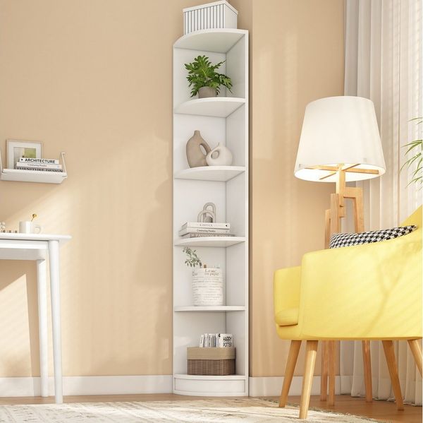 Flieks Bücherregal Hochschrank Holzschrank Lagerregal, B42/T30/H180 cm 1-tlg, Eckschrank Standregal Aktenschrank mit 5 Fächern aus MDF, Weiß