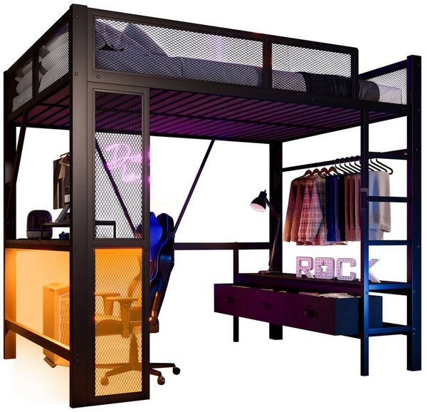 REDOM Hochbett für Kinder & Jugendliche (Metall-Spielhochbett mit LED, USB, Schreibtisch + Schubladen, platzsparend für Zimmer, 1-St, 140x200cm)