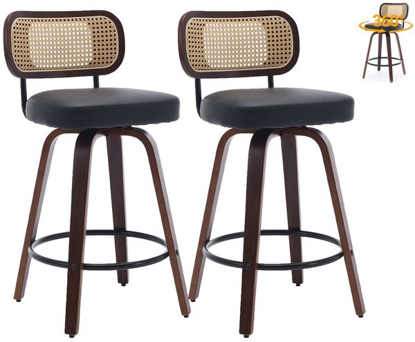 SeedWave Barhocker Retro Drehocker mit Rattan-Lehne, PU-Leder Drehsitz, Walnussholzbeinen, 2er Set Barstuhl mit ringförmigen Metall-Fußstützen