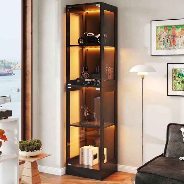 40 x 35 x 170 cm Einzeltür LED Vitrine, Gehärtetes Glas Sammlungsvitrine, App-gesteuertes LED-Licht, Vier Etagen Stauraum, Push-to-Open Tür, Stylisches Schwarz