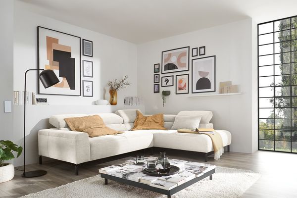 KAWOLA Sofa DELIA Ecksofa Feincord weiß Recamiere rechts 74 x 219 x 276 cm