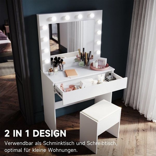 SONNI Schminktisch Schwarz/Weiß, mit LED-Beleuchtung, 80x40x140cm,3 Lichtmodi, mit Spiegel, Hocker, Schublade,Kosmetiktisch,Speicherfunktion