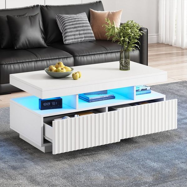 Merax Couchtisch Sofatisch Beistelltisch mit LED-Lichtleiste (Stauraumfunktion und robuster Spanplattenkonstruktion, 1-St, 100×50×45 cm), Wohnzimmertisch mit 2 Vakuumform-Schubladen und offenem Mittelteil