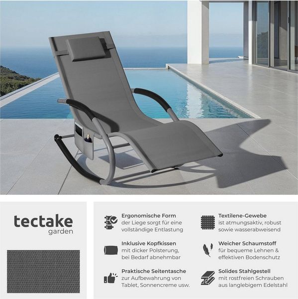 tectake Gartenliege ergonomische Sonnenliege, Belastbarkeit 120 kg, 62 x 146 x 92 cm, Balkonliege Taya, 1 St, für Außen in Grau, gepolstert, atmungsaktiv, wasserabweisend, mit Aufbewahrungstasche