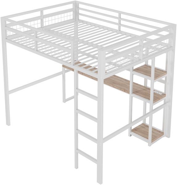 Hochbett, 140 x 200cm, Eisenrahmen, mehrere Einlegeböden, Schreibtisch mit Steckdose, mit usb type-c, Geländer, Trittleiter, ohne Matratze, weiß Bild 9