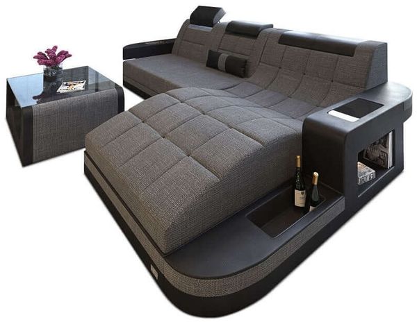 Materialmix Stoffsofa Wave L-Form - Strukturstoff - Grau-Schwarz - Rechts