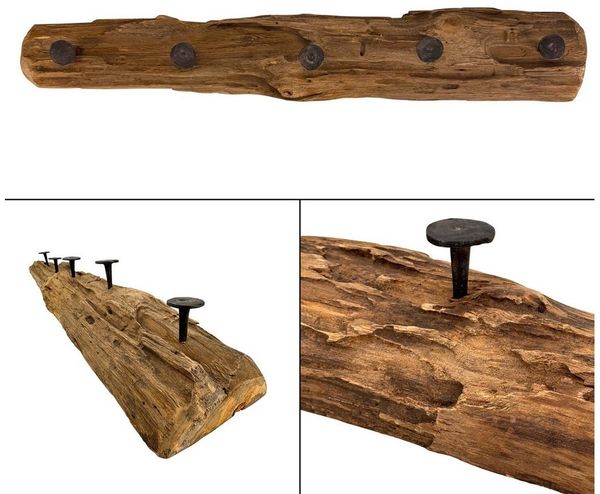 Online-Fuchs Garderobenleiste aus Holz, Wandgarderobe mit 5 Haken aus Metall - 57 bis 59 cm lang (natürliche Optik, rustikales Design), Unikat mit natürlicher Maserung und Astlöchern