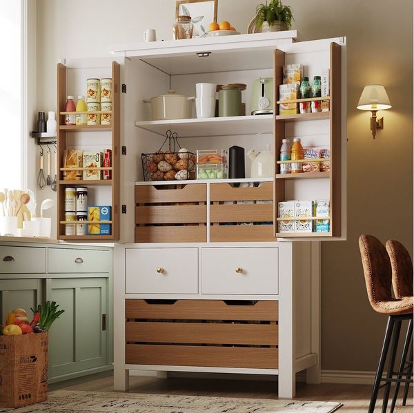 Flieks Küchenbuffet Mehrzweckschrank mit 5 Schubladen und 2 Türablagen (1-St, 80x40x140 cm) Hochschrank Küchenschrank mit Aufbewahrungskorb in Holzoptik
