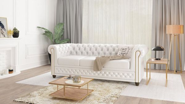 S-Style Möbel Chesterfield-Sofa Jeff 3-Sitzer aus veganem Leder mit Holzfüßen, mit Wellenfederung