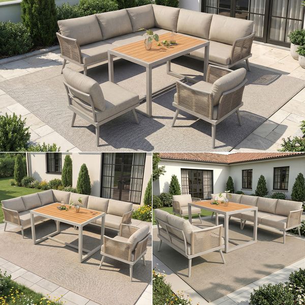 Merax 7-Sitzer L-förmiges Gartensofa-Set mit Sessel, Gartenlounge-Set, geflochtenen Armlehnen, Wetterfeste Eckgarnitur aus Eisen, mit Holz-Couchtisch, Mit Polstern & Kissen, Beige