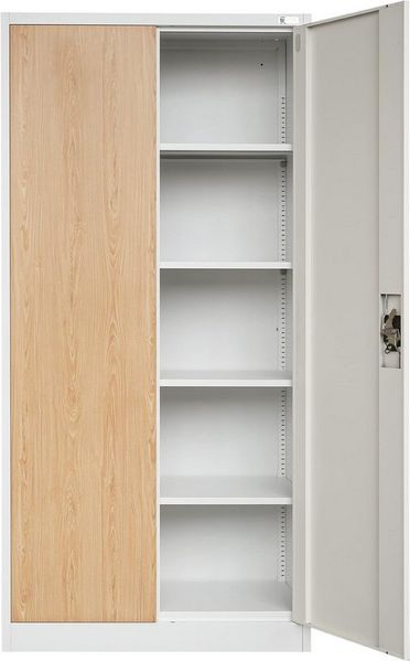 Aktenschrank C001H Büroschrank Metallschrank Stahlschrank Werkzeugschrank Stahlblech Pulverbeschichtet Flügeltürschrank Abschließbar 195 x 90 x 40 cm (Weiß-Holzoptik)