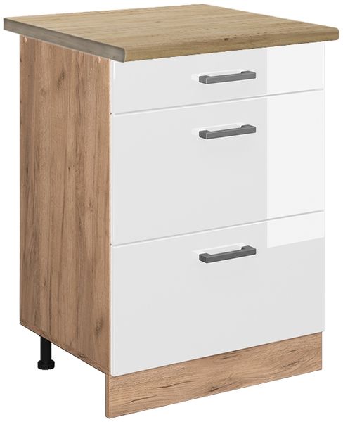 Küchenunterschrank R-Line Weiß Hochglanz 60 cm mit Schubladen, AP Eiche Vicco