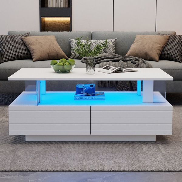 STILVORA Couchtisch weiß Acryl-LED-wohnzimmertisch mit Bluetooth-Handy-App-Steuerung (Satztisch, Beistelltisch, 1-St, 2 Schubladen), Acryl-LED-wohnzimmertisch, mit Bluetooth-Handy-App-Steuerung