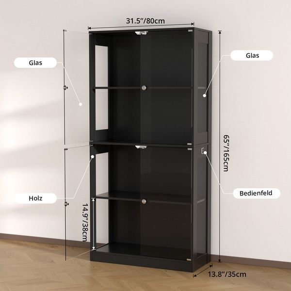VOWNER Glasvitrine mit 3-Farben-LED-Beleuchtung, Vitrine für Spielzeug/Bücher/Deko (1-St) 360°-Sicht, Explosionssichere Tür, 4 Regale, 80x165x35 cm