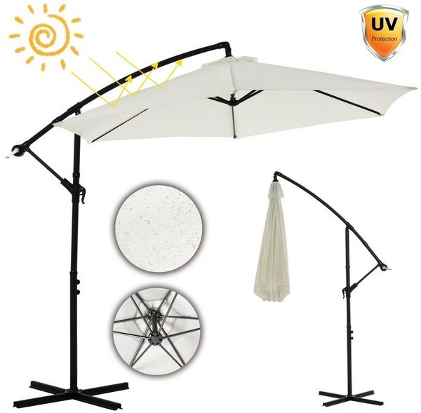 Feel2Home Sonnenschirm Sonnenschirm Kurbelschirm Ø300 Ampelschirm LED Balkon grau u. beige, Premium-Sonnenschirm, LED-Beleuchtung