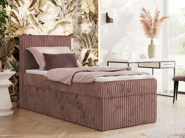 Boxspringbett TILIANO 90x200 Cord inkl. Bettkasten, Einzelbett 7-Zonen Multipocket-Matratze & Topper, Modernes Design mit hohem Kopfteil - Rosa Cordstoff - H3 - Topper Visco