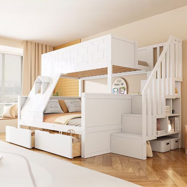 Etagenbett 90×200/140×200 cm aus Kiefernholz mit Treppe und zwei Schubladen, weiß