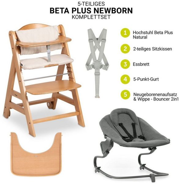 Hauck Hochstuhl Beta Plus Natural - Newborn Set, Babystuhl ab Geburt inkl. Aufsatz für Neugeborene, Tisch, Sitzauflage
