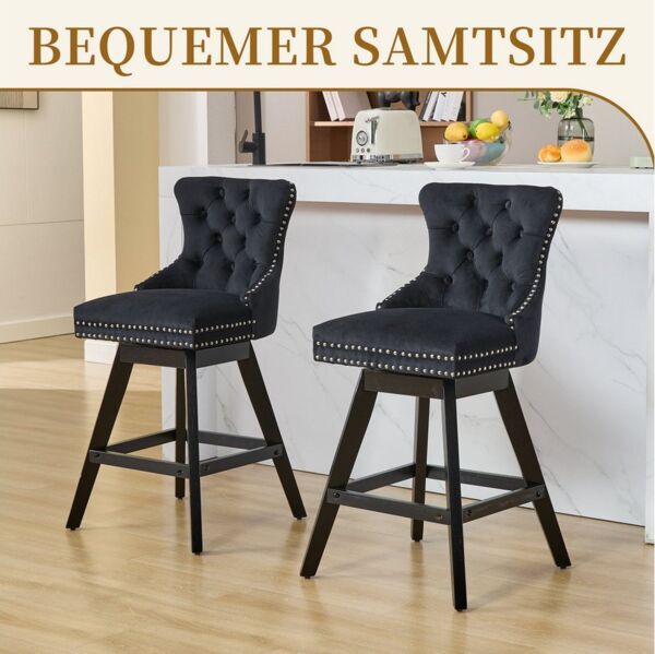 SeedWave Barhocker 2er Set Barstühle Samt Drehstuhl, Gepolsterter Sitz & Massivholzfüße (2er Set), Polsterhocker inkl. Fußstütze, Nieten und Knopf-Design