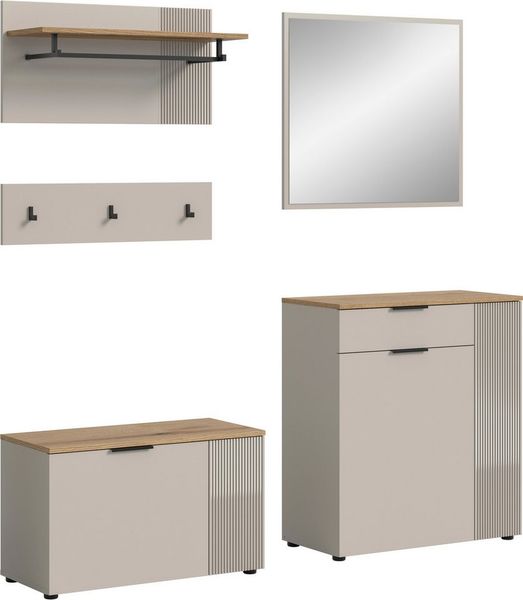 Home affaire Garderoben-Set EDIL, Breite 175 cm, 5-teilig, Front mit hochwertiger Längstfräsung, (Set, 4-St, best. aus: Sitzbank, Paneel, Hakenleiste, Kommode & Spiegel), Garderobenkombination, Kombination, Set, Garderobe, Flurgarderobe