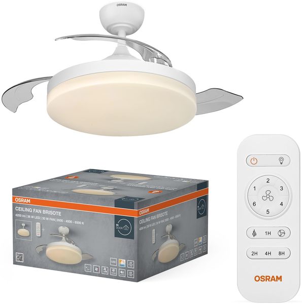 Osram LED-Deckenventilator Brisote 1060mm 66W CCT, 2600 lm, 3000/4000/6500 K, 116 ° Abstrahlwinkel, 1060 mm Durchmesser, 66 W, 20000 h Lebensdauer, Fernbedienung, IP20, Weiß