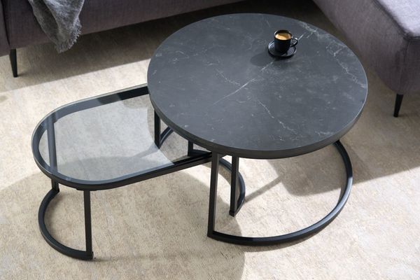 riess-ambiente Couchtisch ELEGANCE Ø70cm graphit / schwarz (Set, 2-St), Wohnzimmer · Glas · Metall · Marmor-Design · rund · oval · Industrial