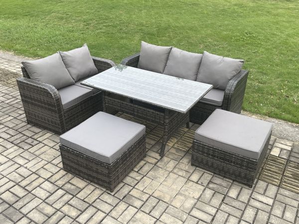 Fimous Terrassenmöbel Set Polyrattan Langer rechteckiger Esstisch und Lounge Sofa set mit 2 Großer Hockern Dunkelgrau gemischt
