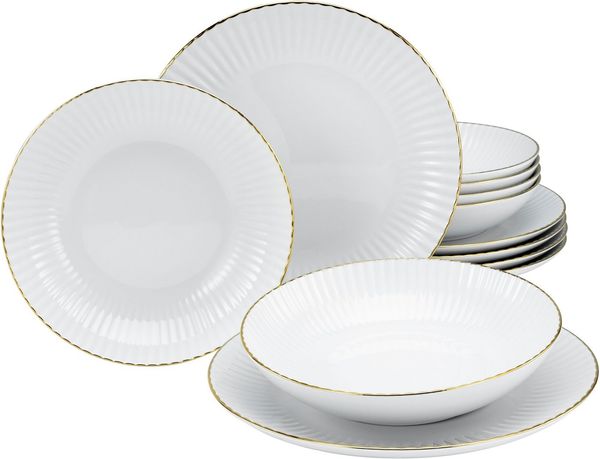 OTTO home Tafelservice Teller Set, Geschirr-Set Ezzo (12-tlg), 6 Personen, Porzellan, Goldband, Made in Europe, 12 Teile, für 6 Personen
