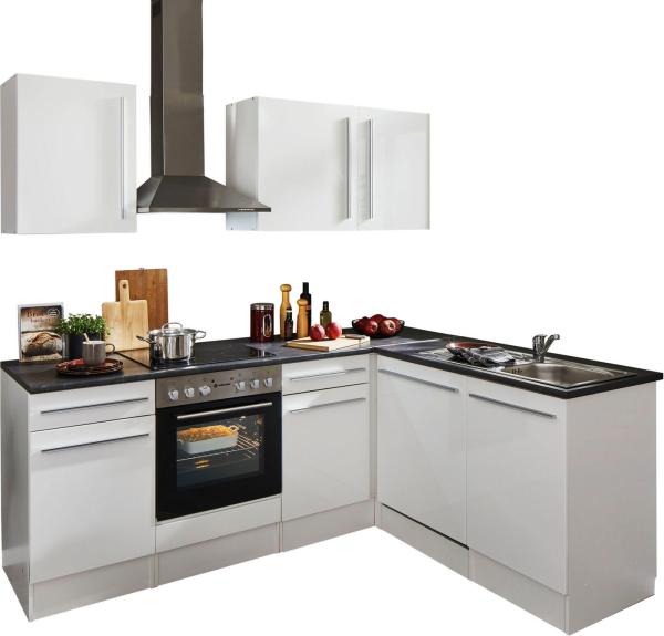 Jazz 8 Moderne Eckküche ohne Elektrogeräte in Weiß Hochglanz, Metallic Grau - Geräumige Küchenzeile in L-Form mit viel Stauraum - 220 x 211 x 60 cm (B/H/T)